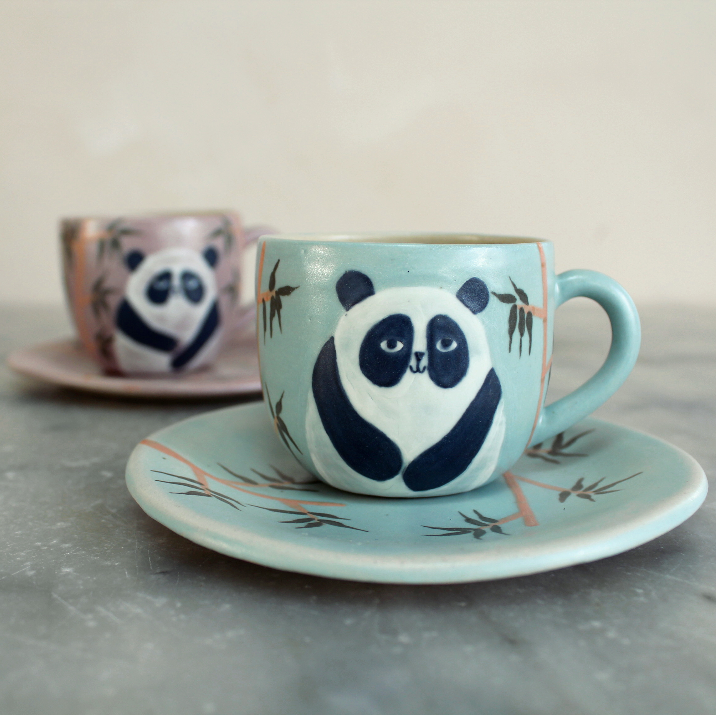 Ensemble tasse et sous-tasse bleues - Panda aux bambous