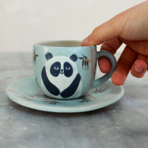 Ensemble tasse et sous-tasse bleues - Panda aux bambous