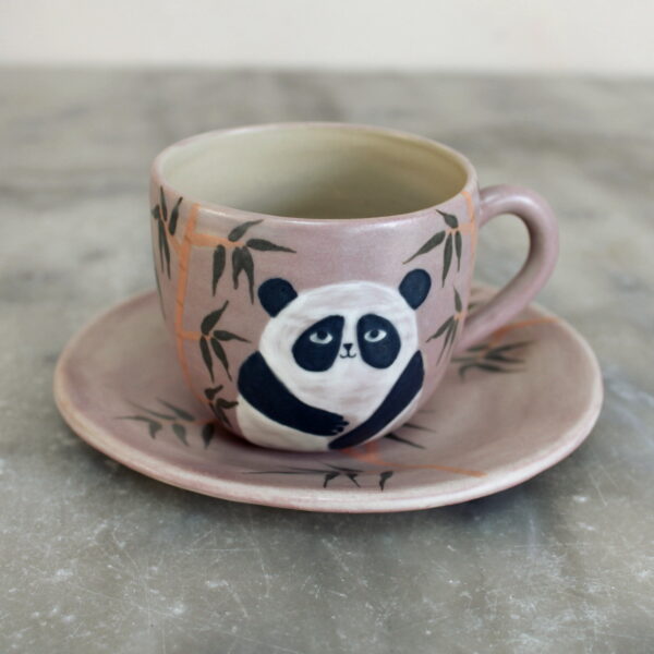 Ensemble tasse et sous-tasse violet - Panda aux bambous