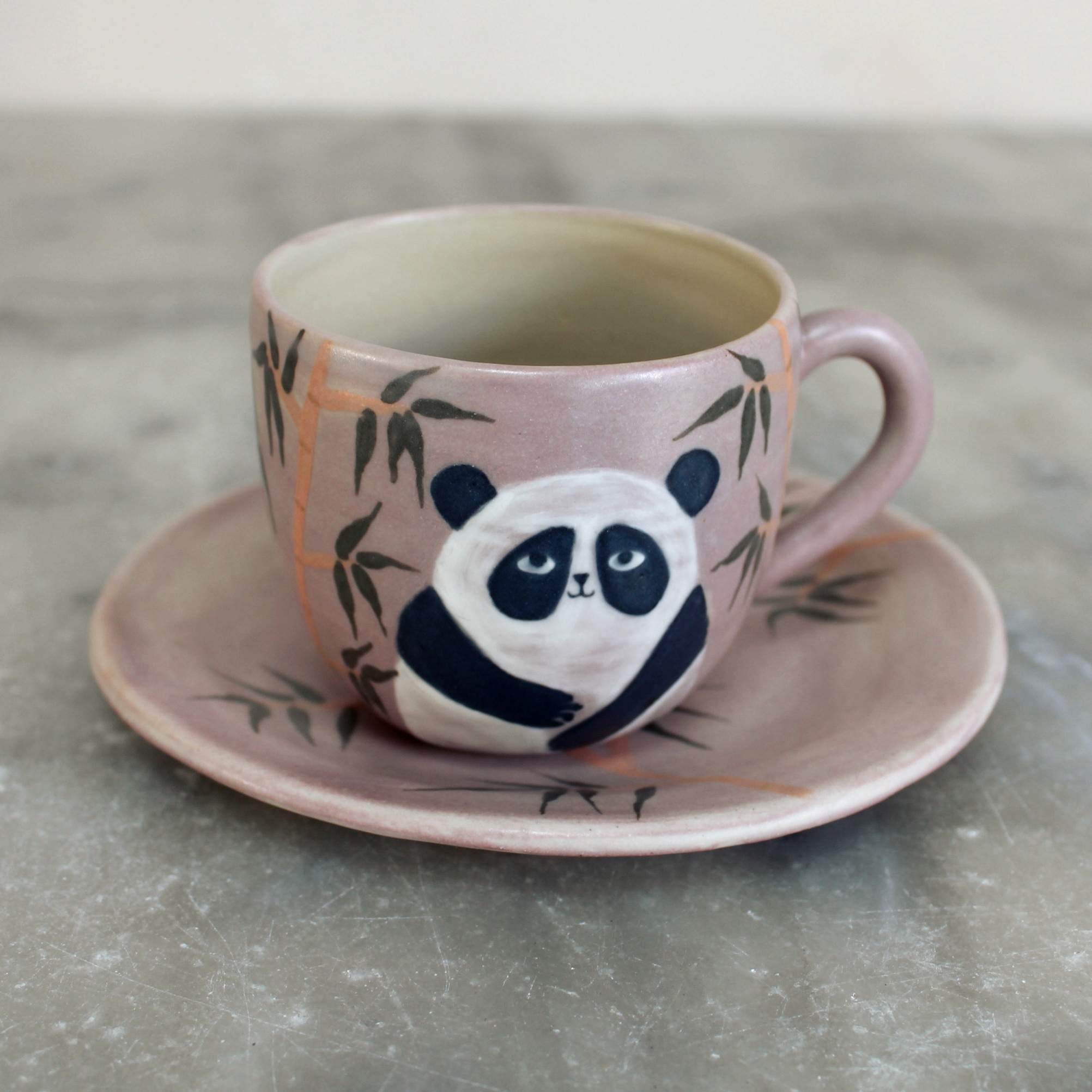 Ensemble tasse et sous-tasse violet - Panda aux bambous
