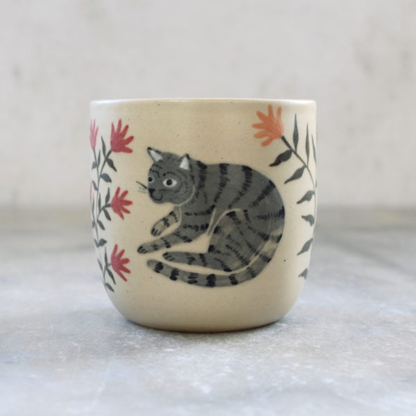 Tasse Chat gris tournée en grès et illustrée à la main par Anaïs Trivier