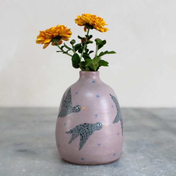 Mini vase Oiseau aux étoiles, tourné en grès et décoré à la main