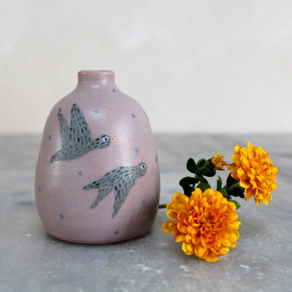 Mini vase Oiseau aux étoiles, tourné en grès et décoré à la main